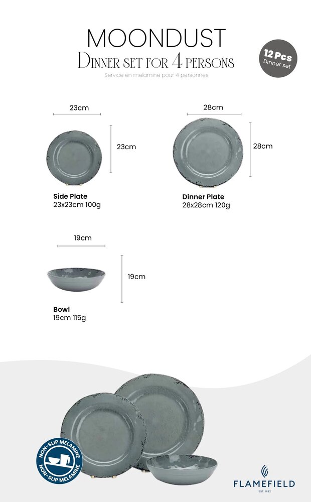 Servise Moondust Grå Melamin 12 deler